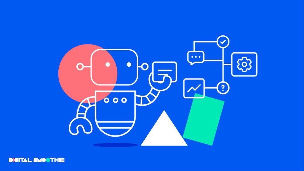 Illustration of a stylized robot engaged in project management activities, depicted against a vibrant blue background. The robot, with a rounded red head, two dots for eyes, and a segmented hose-like arm, is interacting with various abstract elements representing project management tasks. These elements include speech bubbles, checkmarks, a gear symbolizing settings or configuration, a line graph indicating progress or analytics, and a question mark representing queries or issues. The text 'DIGITAL SMOOTHIE' is placed in the bottom left corner, suggesting the name of a company or product related to the graphic.