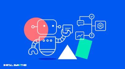 Illustration of a stylized robot engaged in project management activities, depicted against a vibrant blue background. The robot, with a rounded red head, two dots for eyes, and a segmented hose-like arm, is interacting with various abstract elements representing project management tasks. These elements include speech bubbles, checkmarks, a gear symbolizing settings or configuration, a line graph indicating progress or analytics, and a question mark representing queries or issues. The text 'DIGITAL SMOOTHIE' is placed in the bottom left corner, suggesting the name of a company or product related to the graphic.