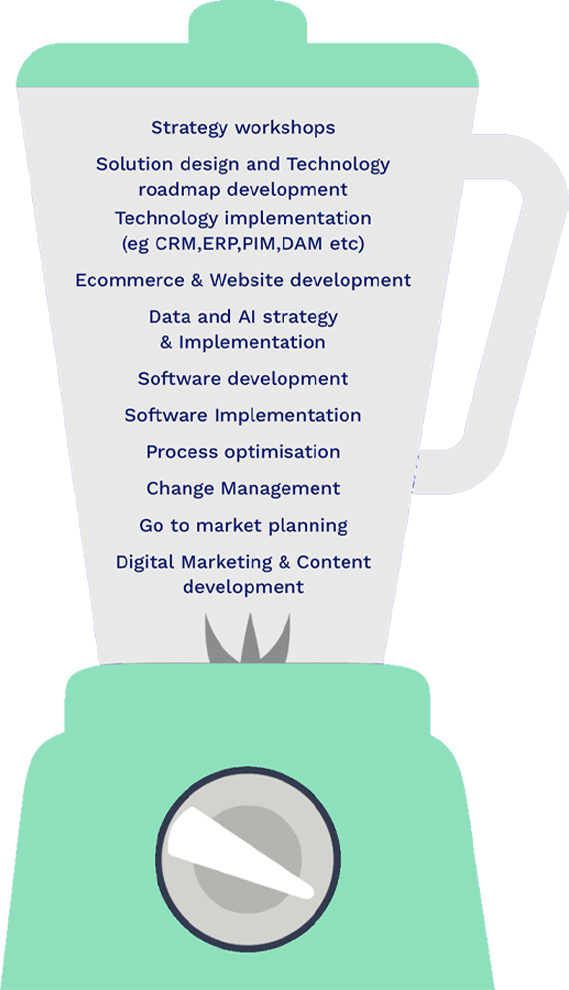 A graphical slide titled 'THE DIGITAL SMOOTHIE BLENDER' illustrates the company's business model. On the left, it states 'We love to work with companies that are: Scaling up rapidly, Revenue generating (>2million/annum), Medium size (Up to 200 employees), Any Industry - although we love the Health sector.' These points lead into a blender graphic labeled 'IN'. Inside the blender, a list includes 'Strategy workshops, Solution design and Technology roadmap development, Technology implementation, E-commerce & Website development, Data and AI strategy & Implementation, Software development, Software Implementation, Process optimisation, Change Management, Go to market planning, Digital Marketing & Content development.' An arrow points from the blender to a smoothie cup graphic on the right, labeled 'OUT', with the result being 'A Digital Smoothie made to order' that is 'Well Blended, Optimised, Good for you'. The slide background is blue, and the content is arranged in a visually balanced manner.